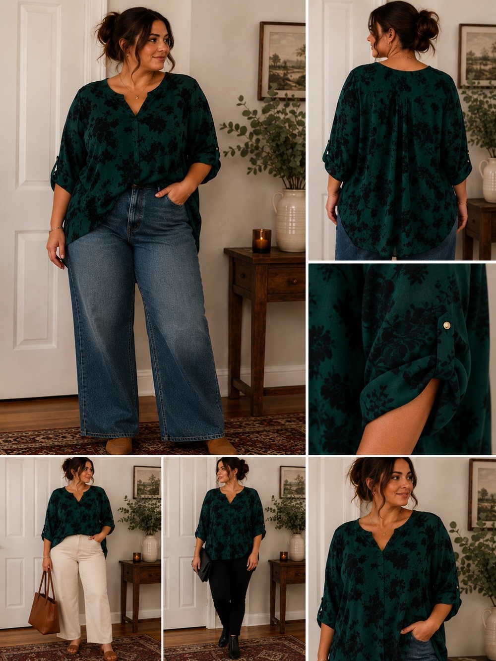 Hawthorn Size 22 Emerald Green Black Floral V-Neck Blouse Plus Size